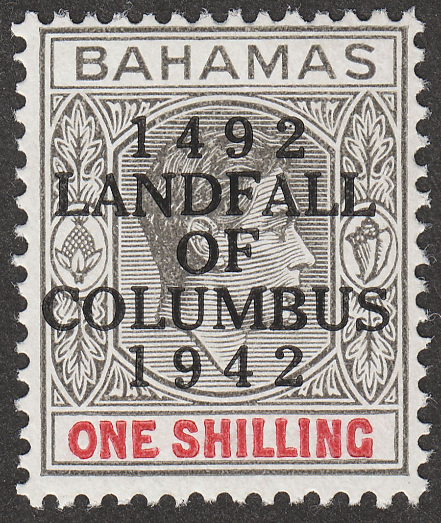 Bahamas 1942 KGVI Columbus 1sh Grey-Black and Bright Crimson Mint SG171b