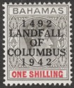 Bahamas 1942 KGVI Columbus 1sh Grey-Black and Bright Crimson Mint SG171b