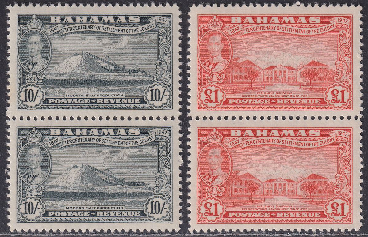 Bahamas 1948 KGVI Tercentenary 10sh and £1 Pairs Mint SG192-193 cat £84