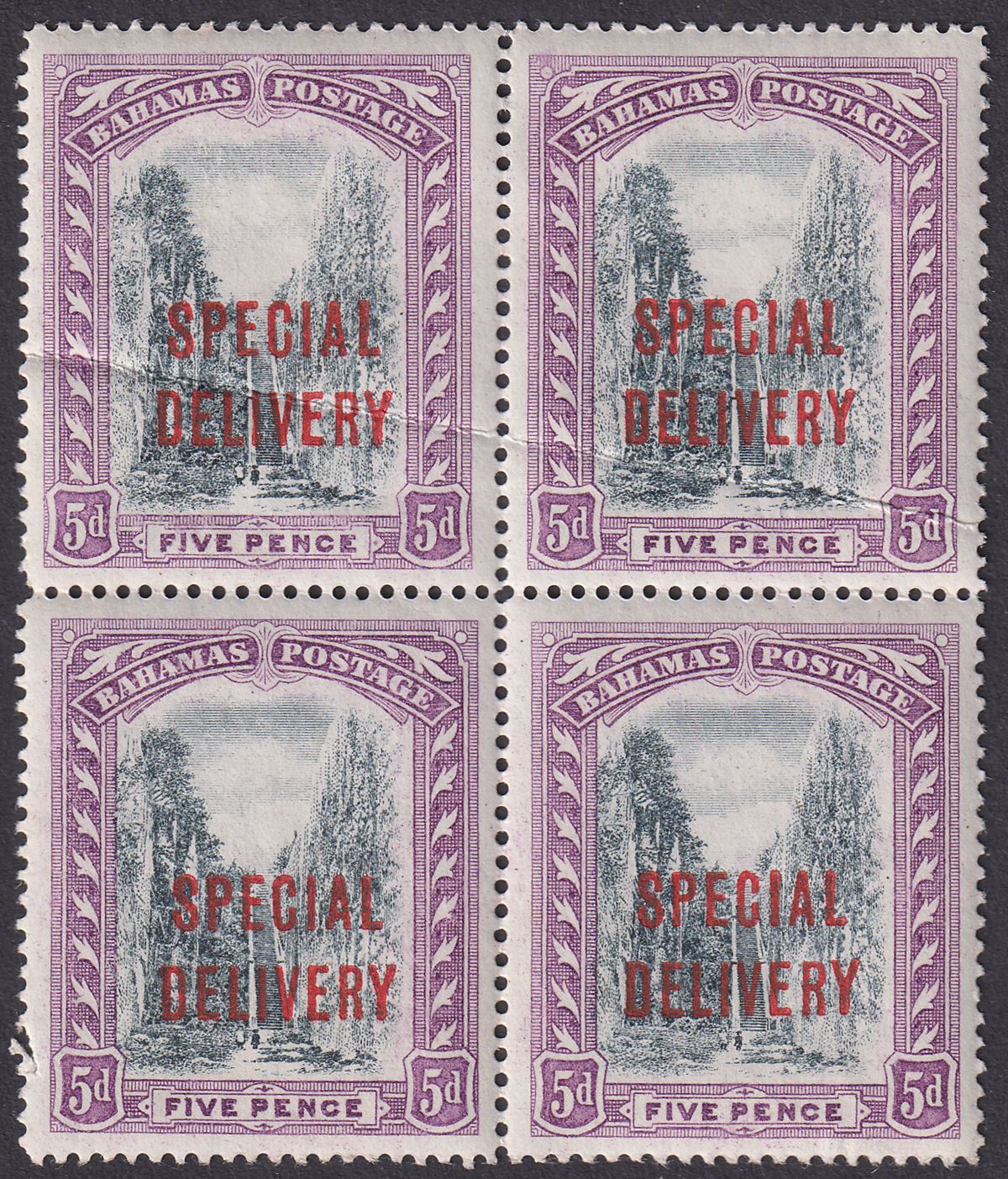 Bahamas 1918 KGV Special Delivery 5d Black + Mauve Block of 4 Mint SG S3  CREASE
