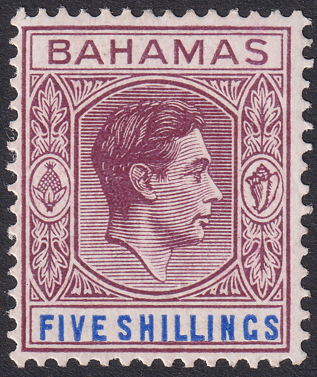 Bahamas 1948 KGVI 5sh Brown-Purple and Deep Bright Blue Mint SG156d