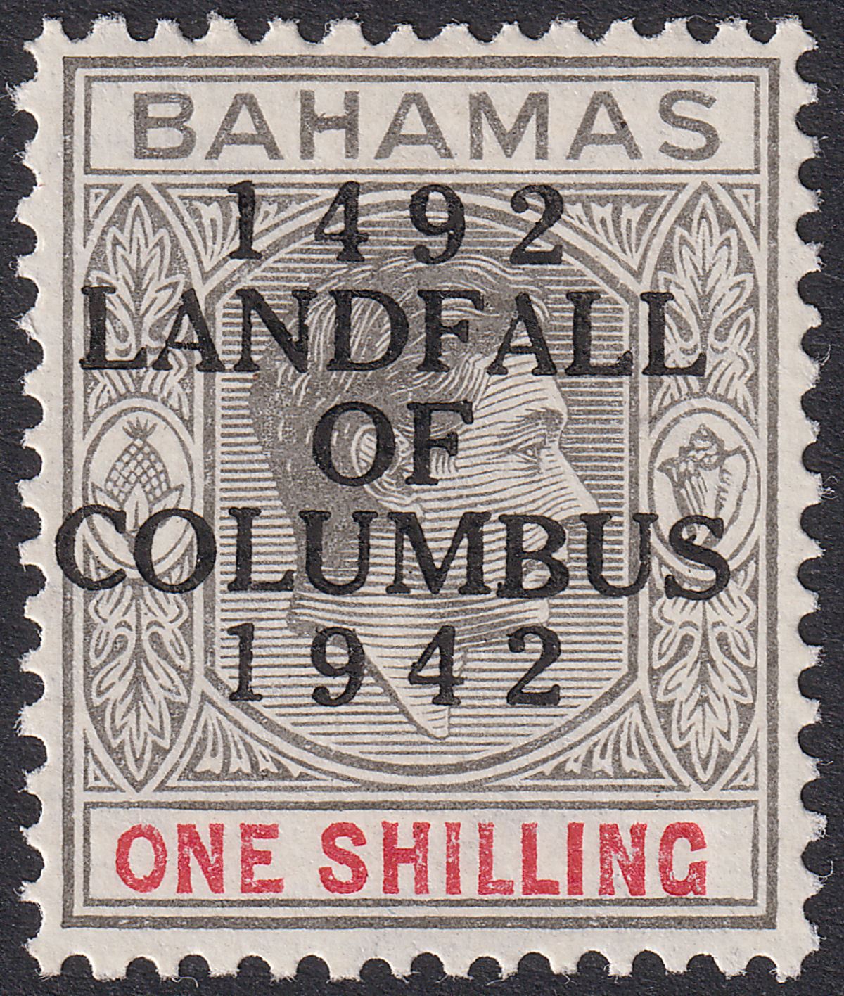 Bahamas 1942 KGVI Columbus 1sh Brownish Grey and Scarlet Mint SG171