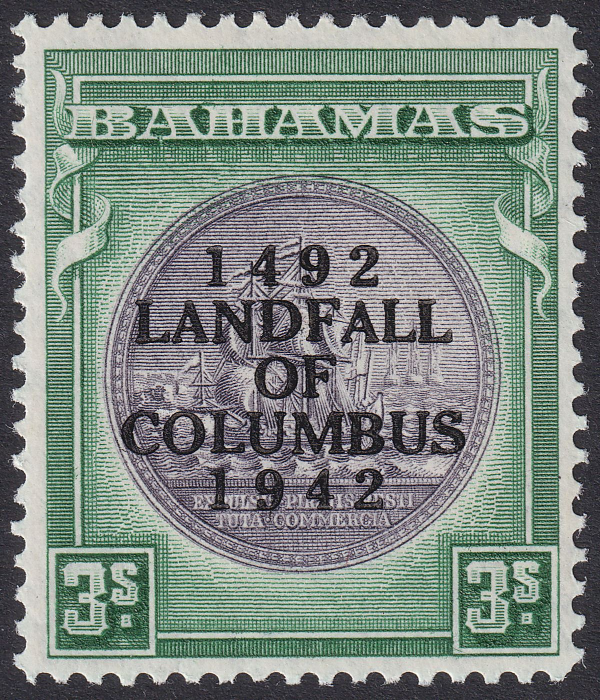 Bahamas 1942 KGVI Columbus 3sh Slate-Purple and Myrtle-Green Mint SG173