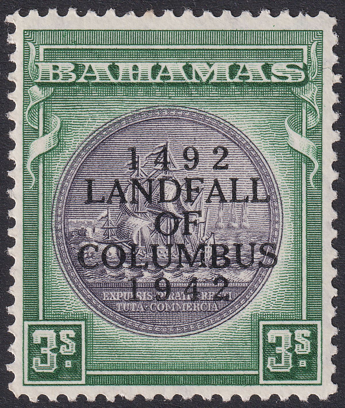 Bahamas 1942 KGVI Columbus 3sh Slate-Purple and Myrtle-Green Mint SG173