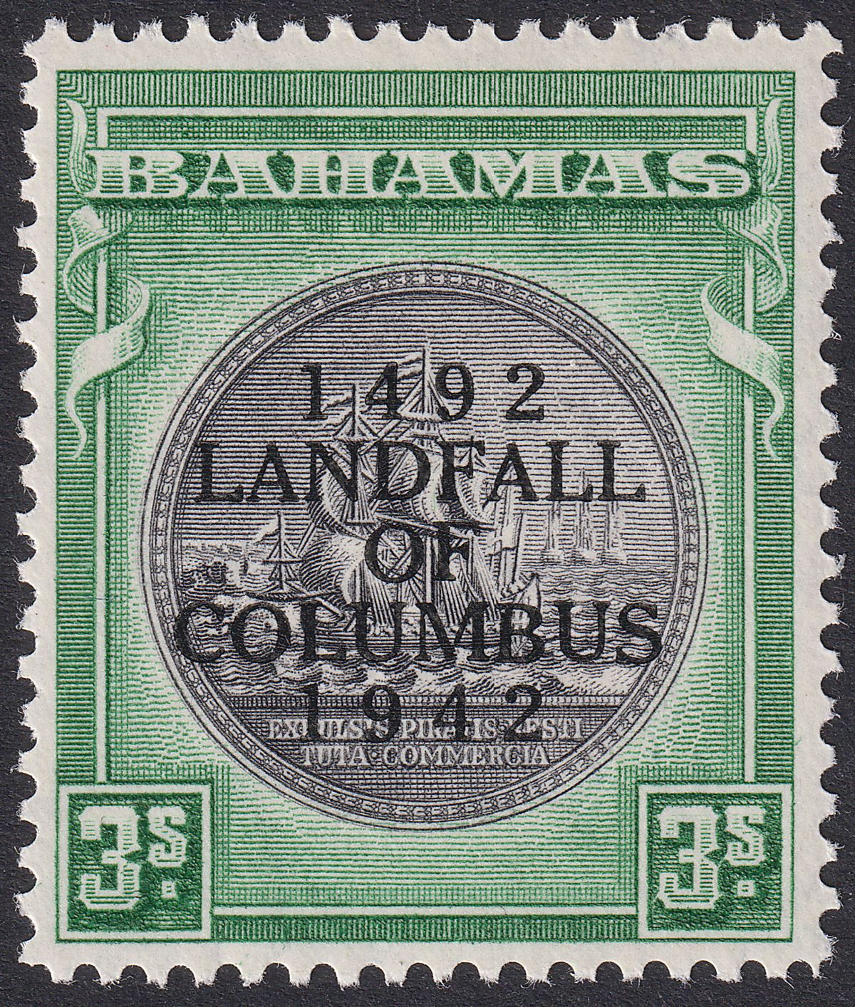 Bahamas 1942 KGVI Columbus 3sh Brownish Black and Green Mint SG173a