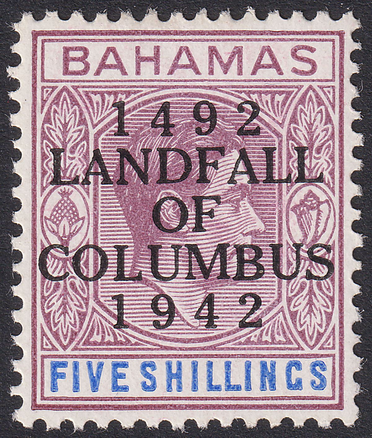 Bahamas 1942 KGVI Columbus 5sh Purple and Blue Mint SG174a