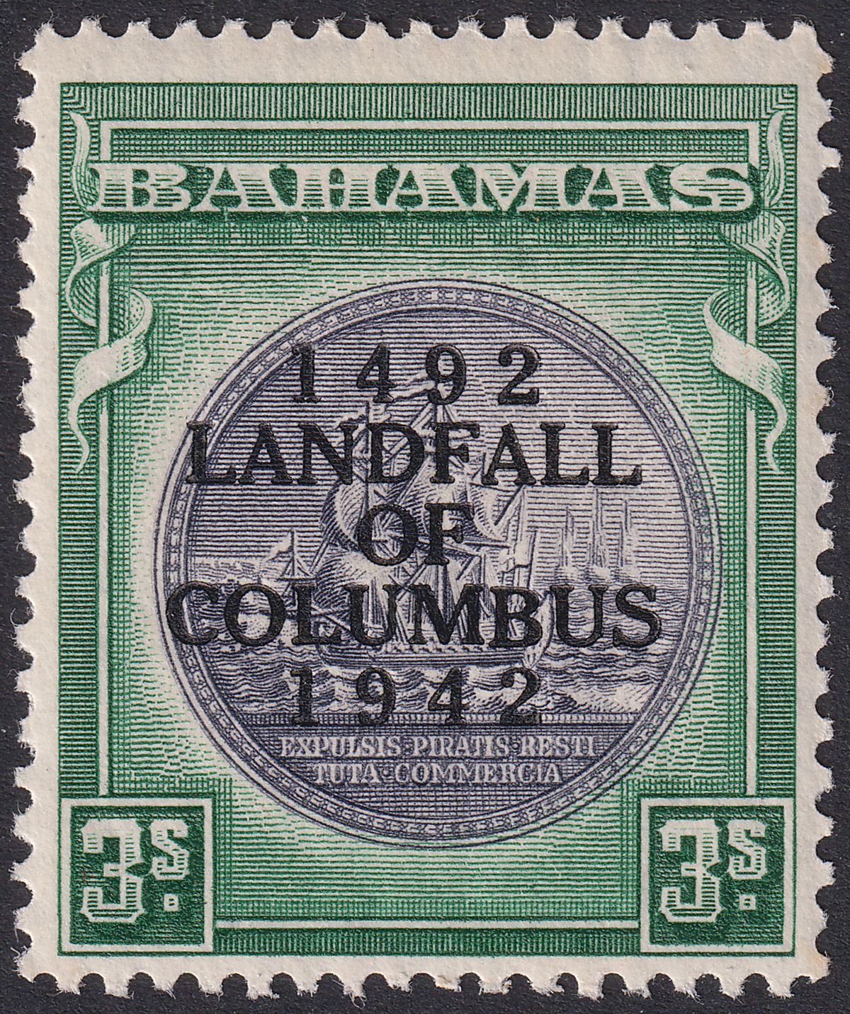 Bahamas 1942 KGVI Columbus 3sh Slate-Purple and Myrtle-Green Mint SG173