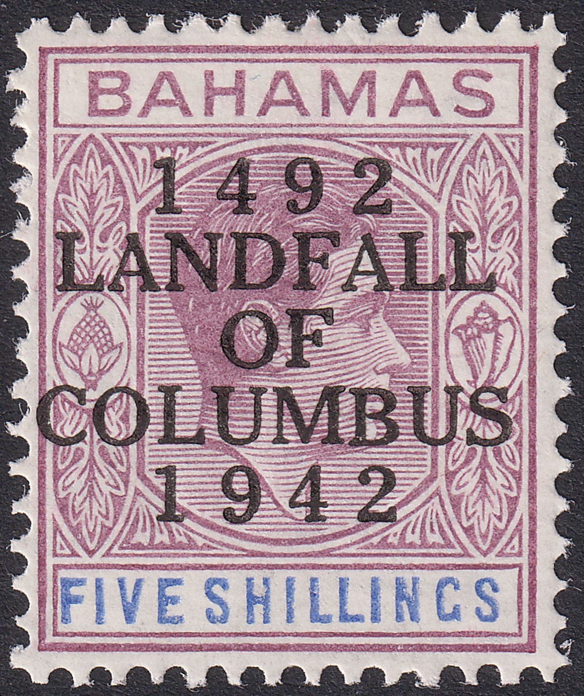 Bahamas 1942 KGVI Columbus 5sh Reddish Lilac and Blue Mint SG174