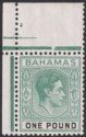 Click for more photos and details Bahamas 1938 KGVI £1 Deep Grey-Green and Black Mint SG157