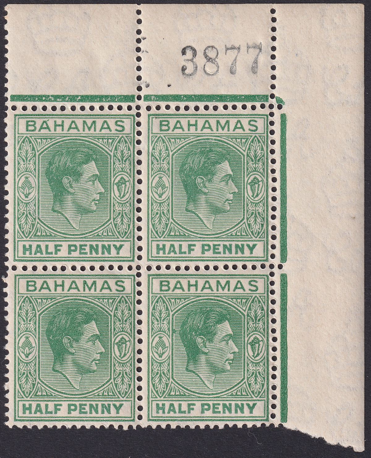 Bahamas 1938 KGVI ½d Green Corner Block w Accent Flaw Mint SG149b cat £550