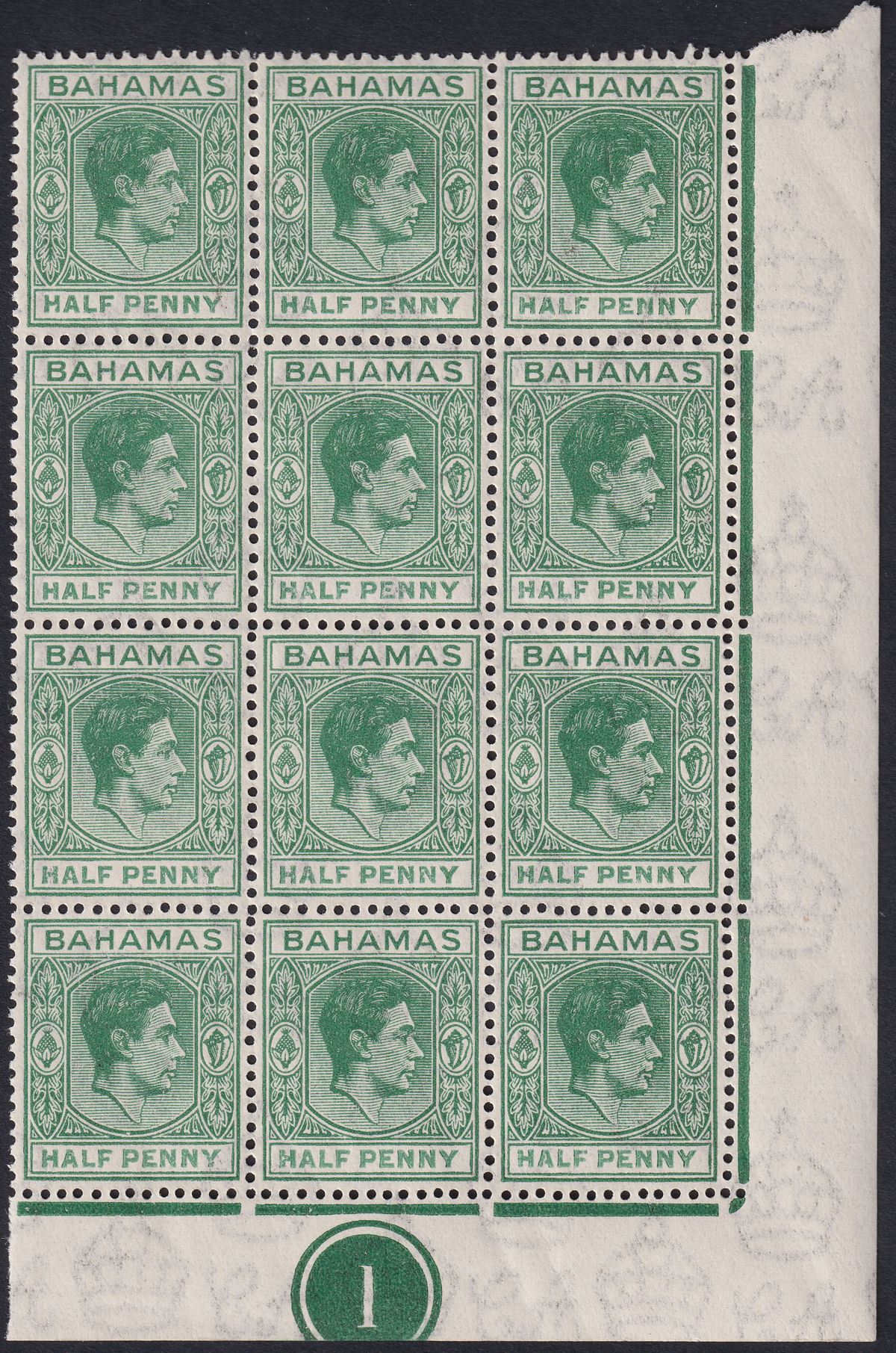 Bahamas 1946 KGVI ½d Myrtle-Green Plate 1 Block of 12 w Broken N Var Mint SG149d