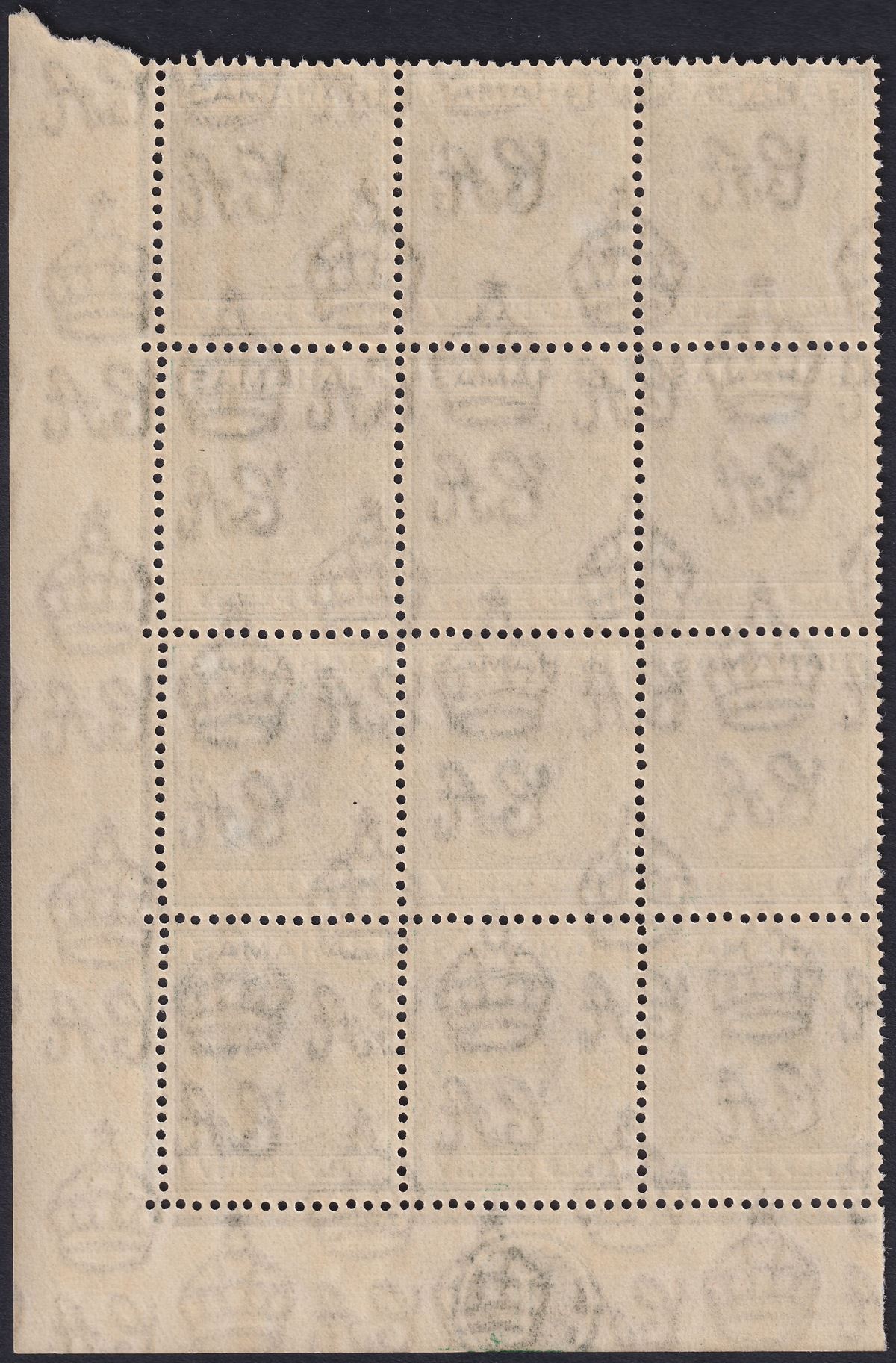 Bahamas 1946 KGVI ½d Myrtle-Green Plate 1 Block of 12 w Broken N Var Mint SG149d