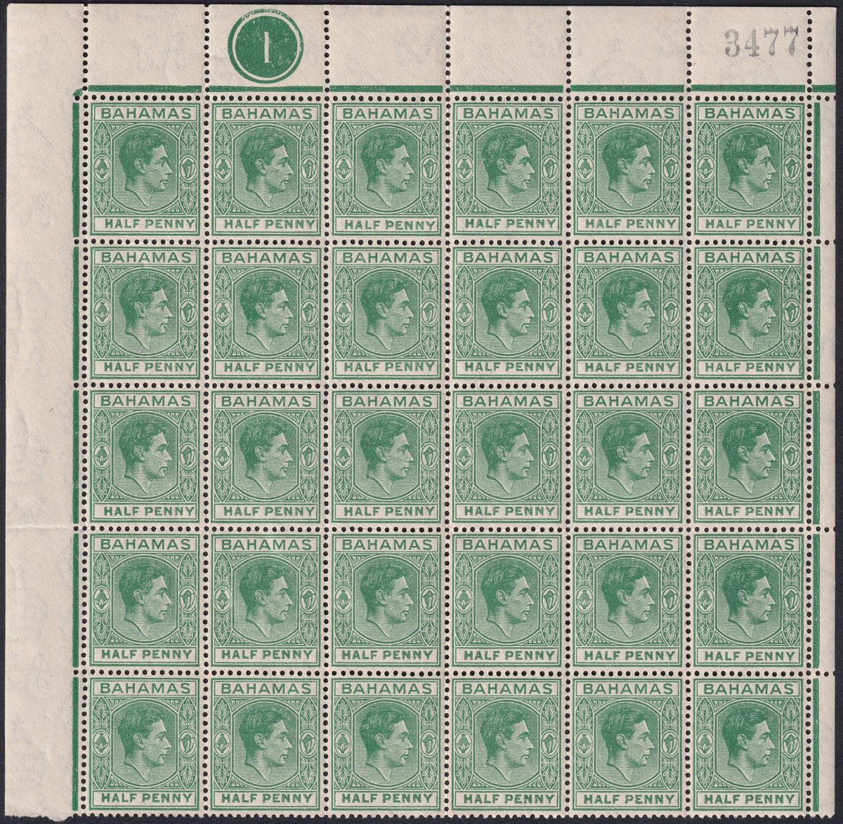 Bahamas 1946 KGVI ½d Myrtle-Green Plate 1 Block w White Ear Variety Mint SG149d