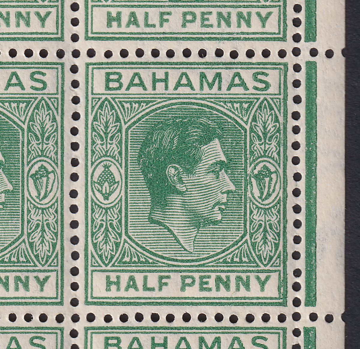 Bahamas 1946 KGVI ½d Myrtle-Green Plate 1 Block w White Ear Variety Mint SG149d