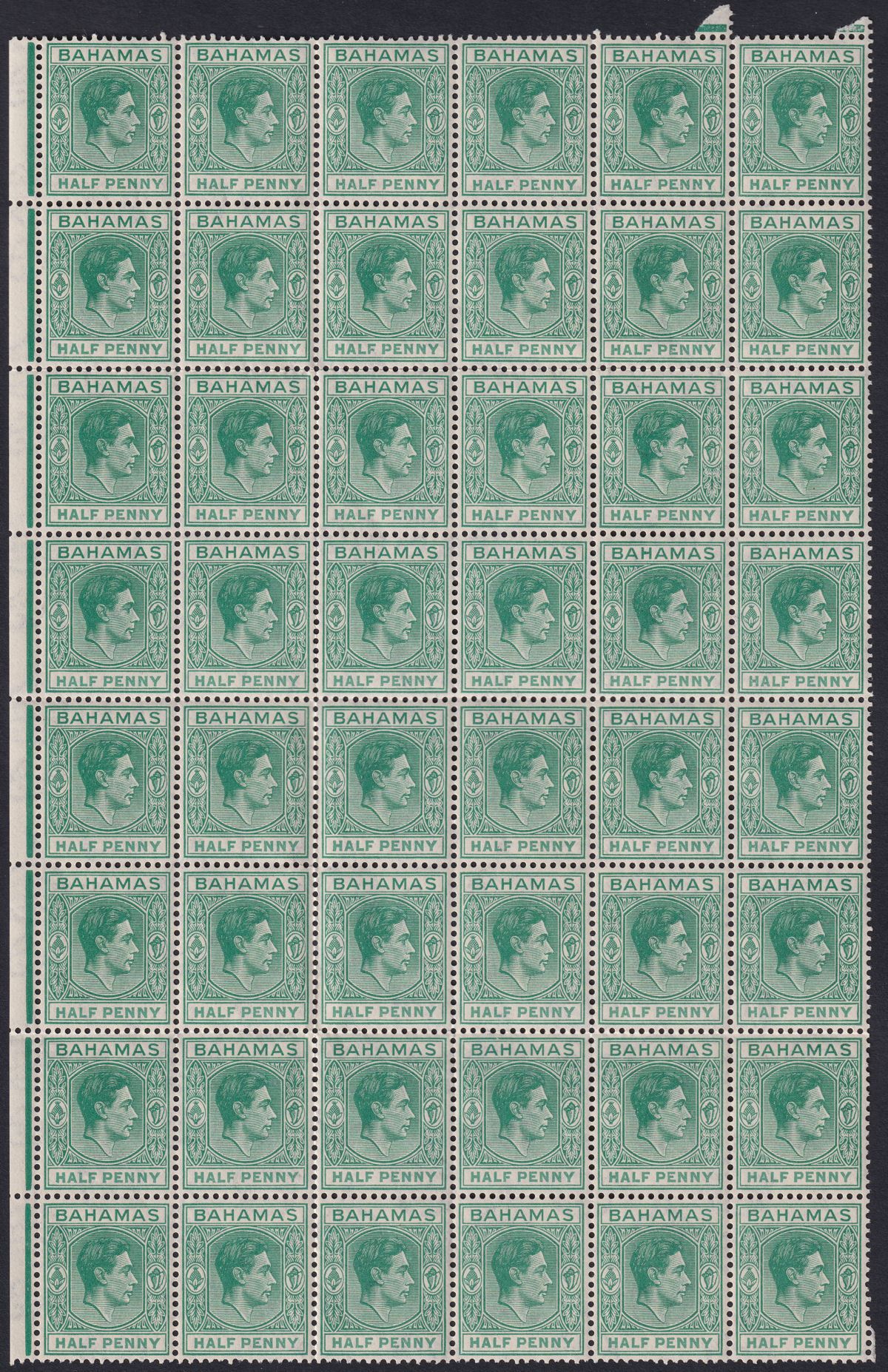 Bahamas 1942 KGVI ½d Bluish Green Block of 48 w Chipped N Varieties Mint SG149c