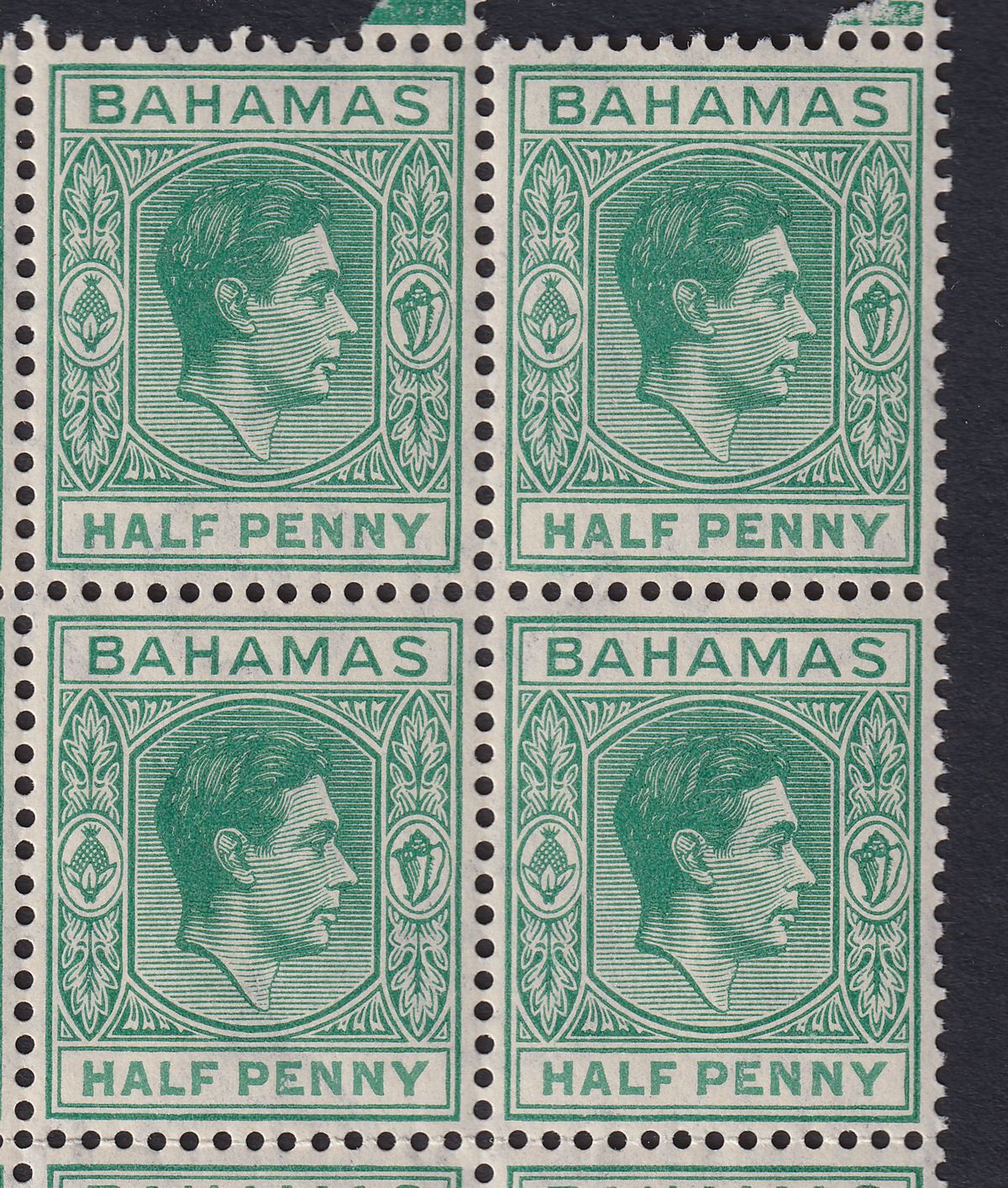 Bahamas 1942 KGVI ½d Bluish Green Block of 48 w Chipped N Varieties Mint SG149c