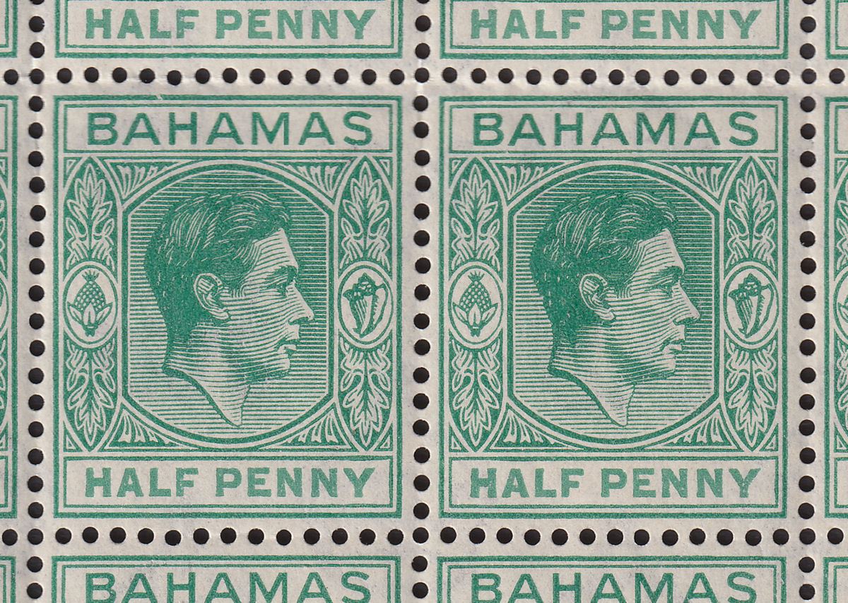Bahamas 1942 KGVI ½d Bluish Green Block of 48 w Chipped N Varieties Mint SG149c