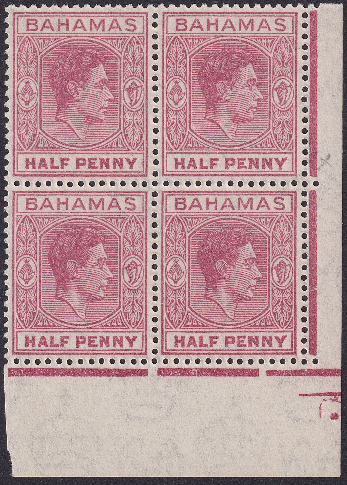 Bahamas 1952 KGVI ½d Brown-Purple Block w Variety Elongated E Mint SG149ec c£180