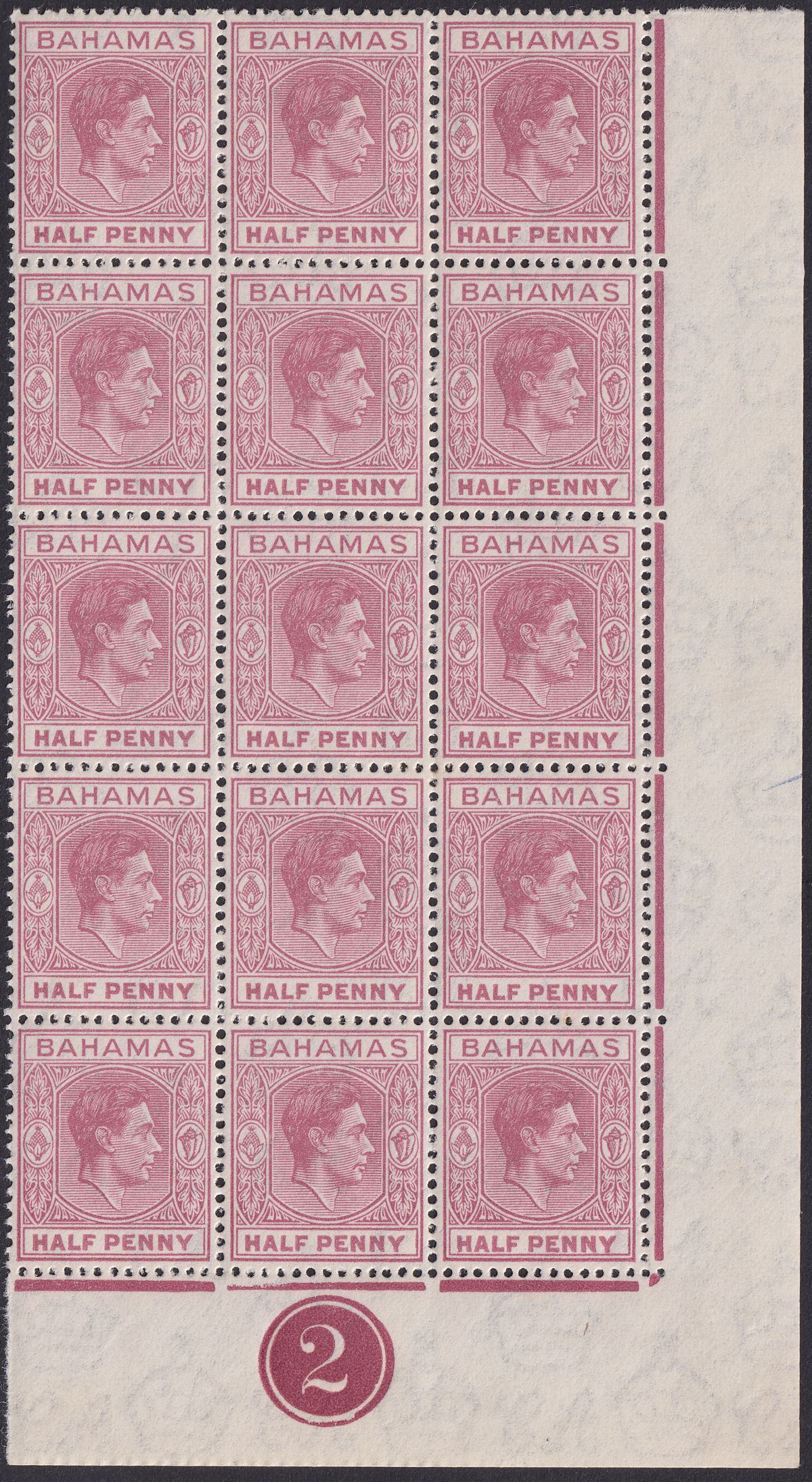 Bahamas 1952 KGVI ½d Brown-Purple Block of 15 w Damaged H Variety Mint SG149e