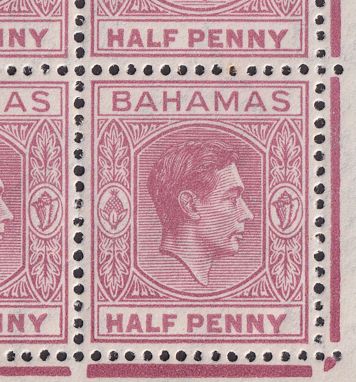 Bahamas 1952 KGVI ½d Brown-Purple Block of 15 w Damaged H Variety Mint SG149e
