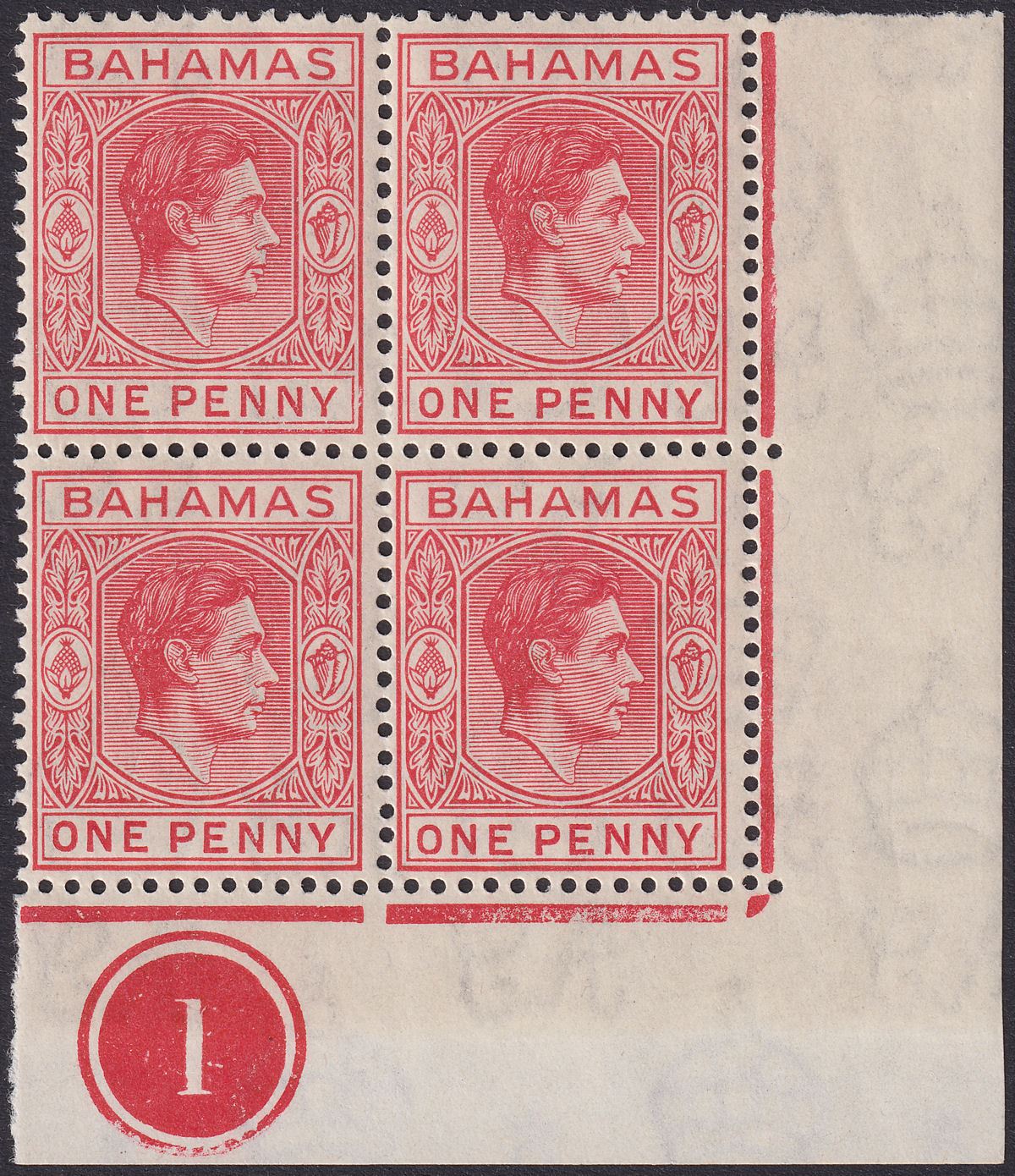 Bahamas 1938 KGVI 1d Carmine Plate 1 Corner Block of 4 Mint SG150