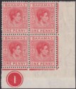 Click for more photos and details Bahamas 1938 KGVI 1d Carmine Plate 1 Corner Block of 4 Mint SG150