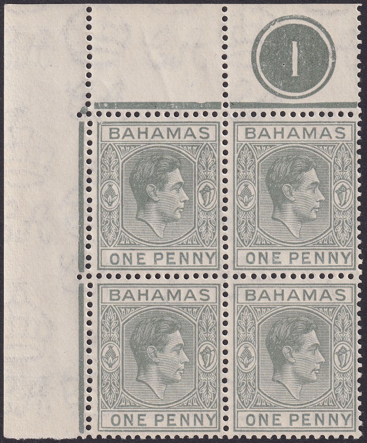 Bahamas 1941 KGVI 1d Olive-Grey Plate 1 Corner Block of 4 Mint SG150a