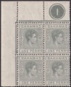 Click for more photos and details Bahamas 1941 KGVI 1d Olive-Grey Plate 1 Corner Block of 4 Mint SG150a