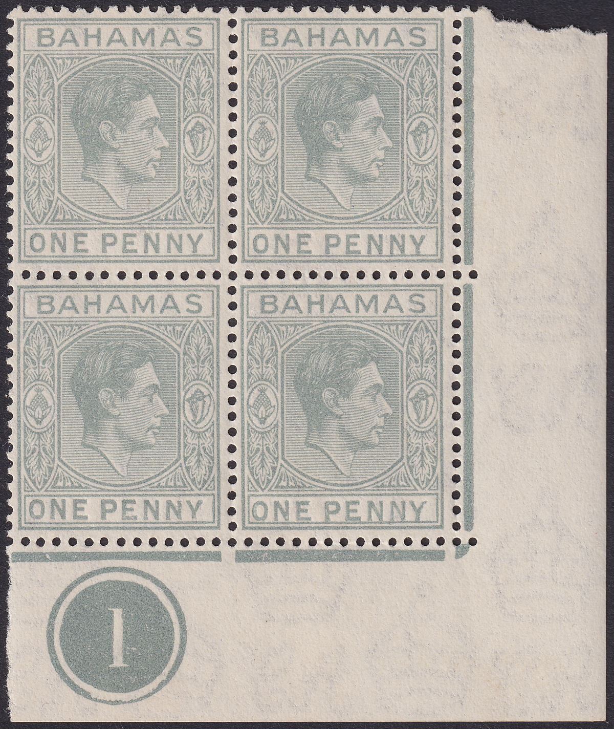Bahamas 1942 KGVI 1d Pale Slate Plate 1 Corner Block of 4 Mint SG150ab