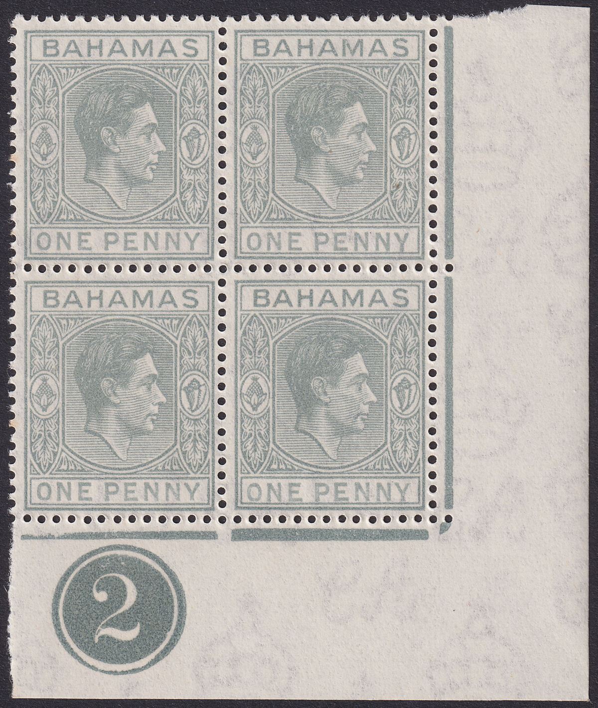 Bahamas 1951 KGVI 1d Pale Slate Plate 2 Corner Block of 4 Mint SG150ab perf tone