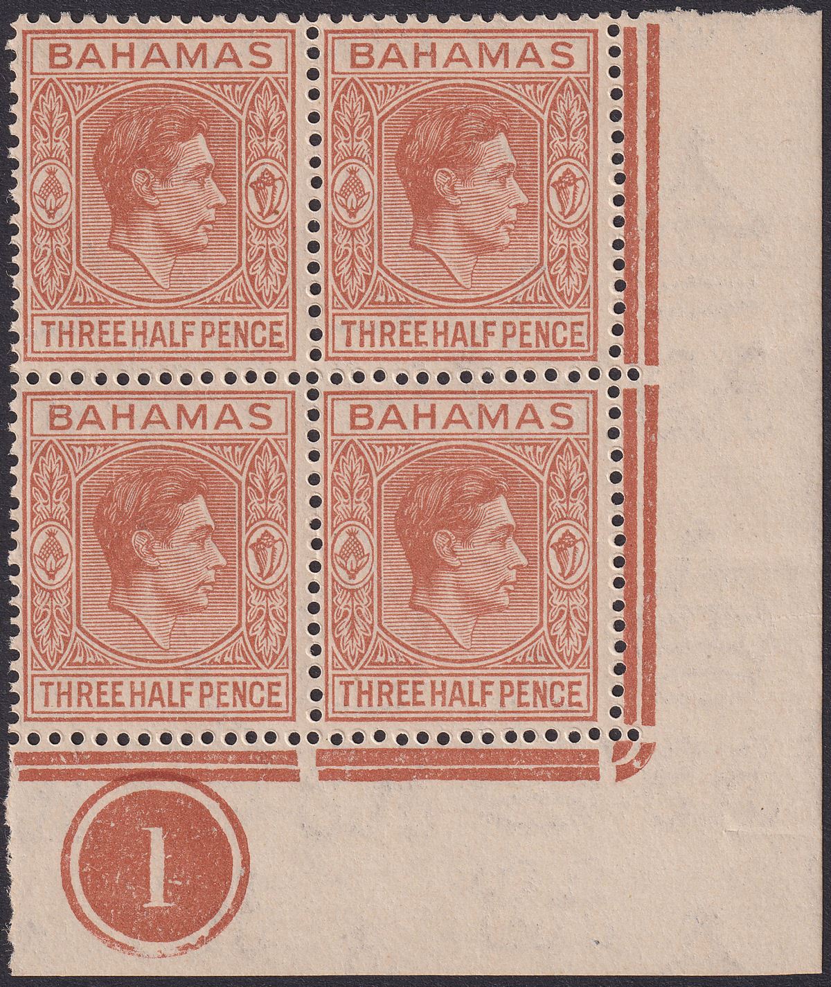 Bahamas 1938 KGVI 1½d Red-Brown Plate 1 Corner Block of 4 Mint SG151