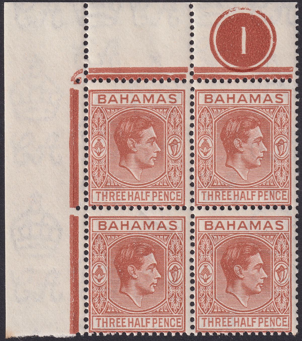 Bahamas 1942 KGVI 1½d Deep Red-Brown Plate 1 Corner Block of 4 Mint SG151