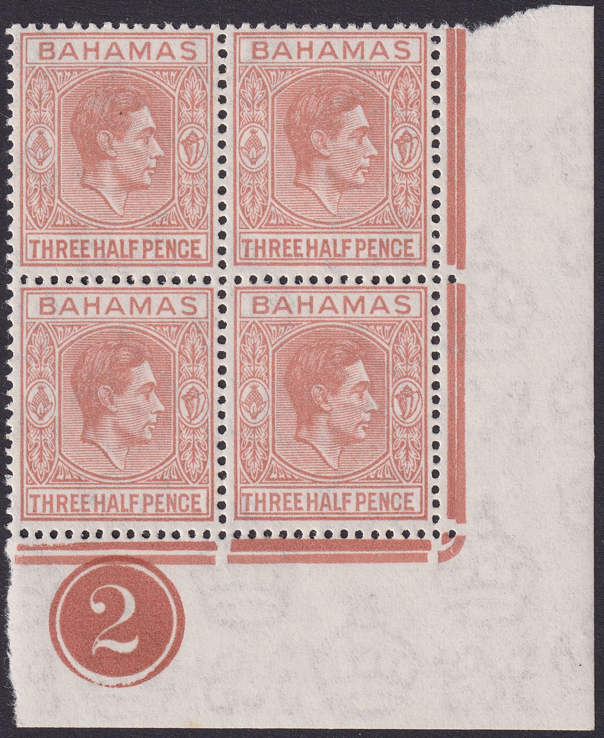 Bahamas 1948 KGVI 1½d Pale Red-Brown Plate 2 Corner Block of 4 Mint SG151a