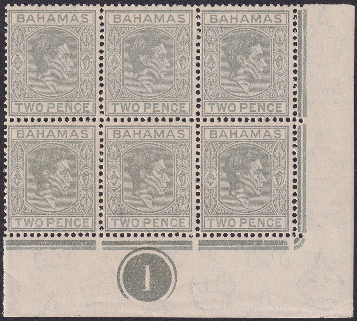Bahamas 1938 KGVI 2d Pale Slate Plate 1 Corner Block of 6 Mint SG152 cat £114