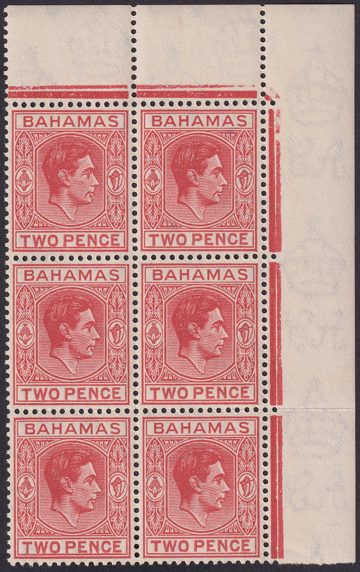 Bahamas 1948 KGVI 2d Dull Rose-Red Block Variety Short T Mint SG152bc 2nd state
