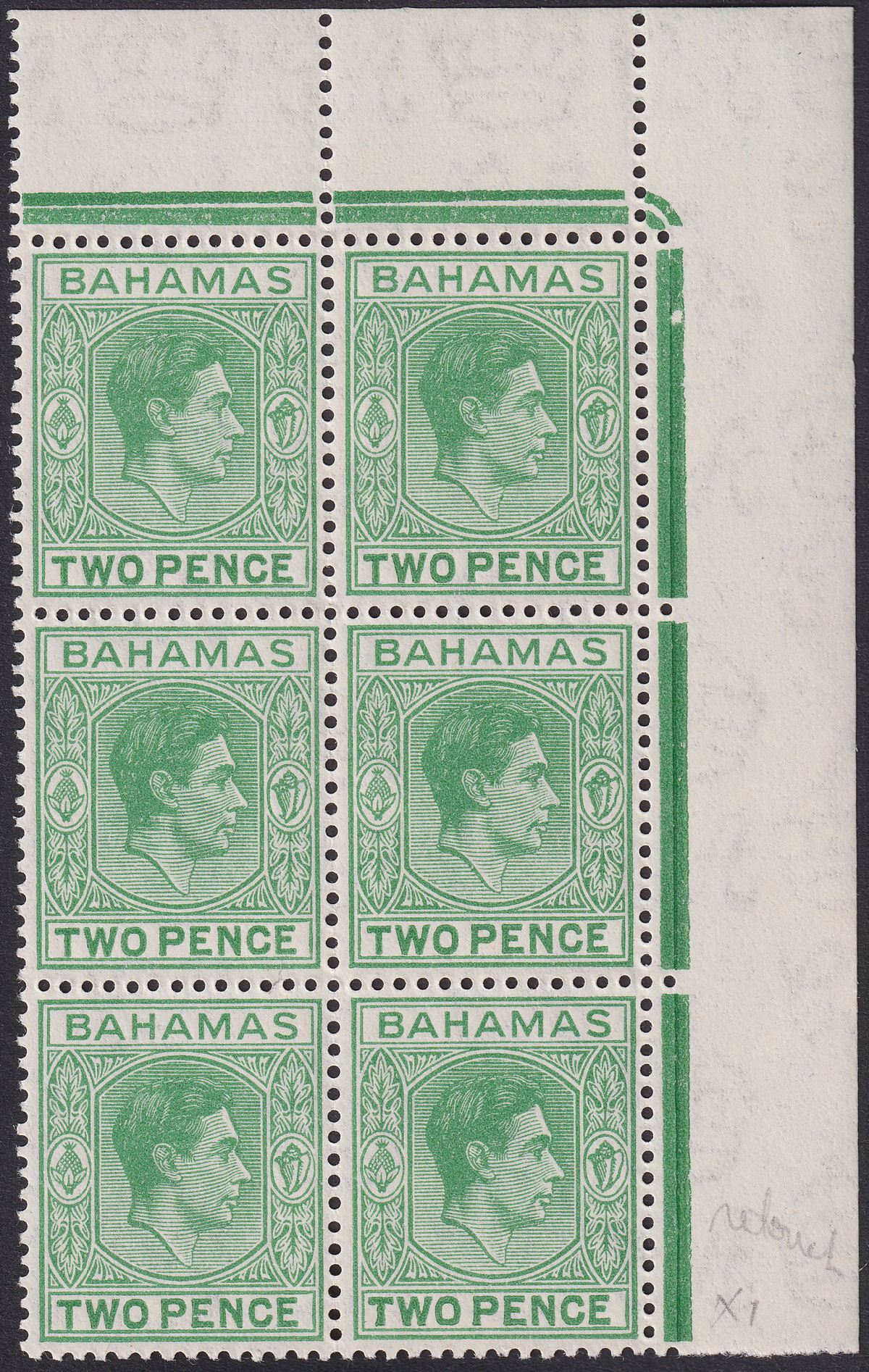 Bahamas 1951 KGVI 2d Green Block of 6 with Short T Retouch Mint SG152c var