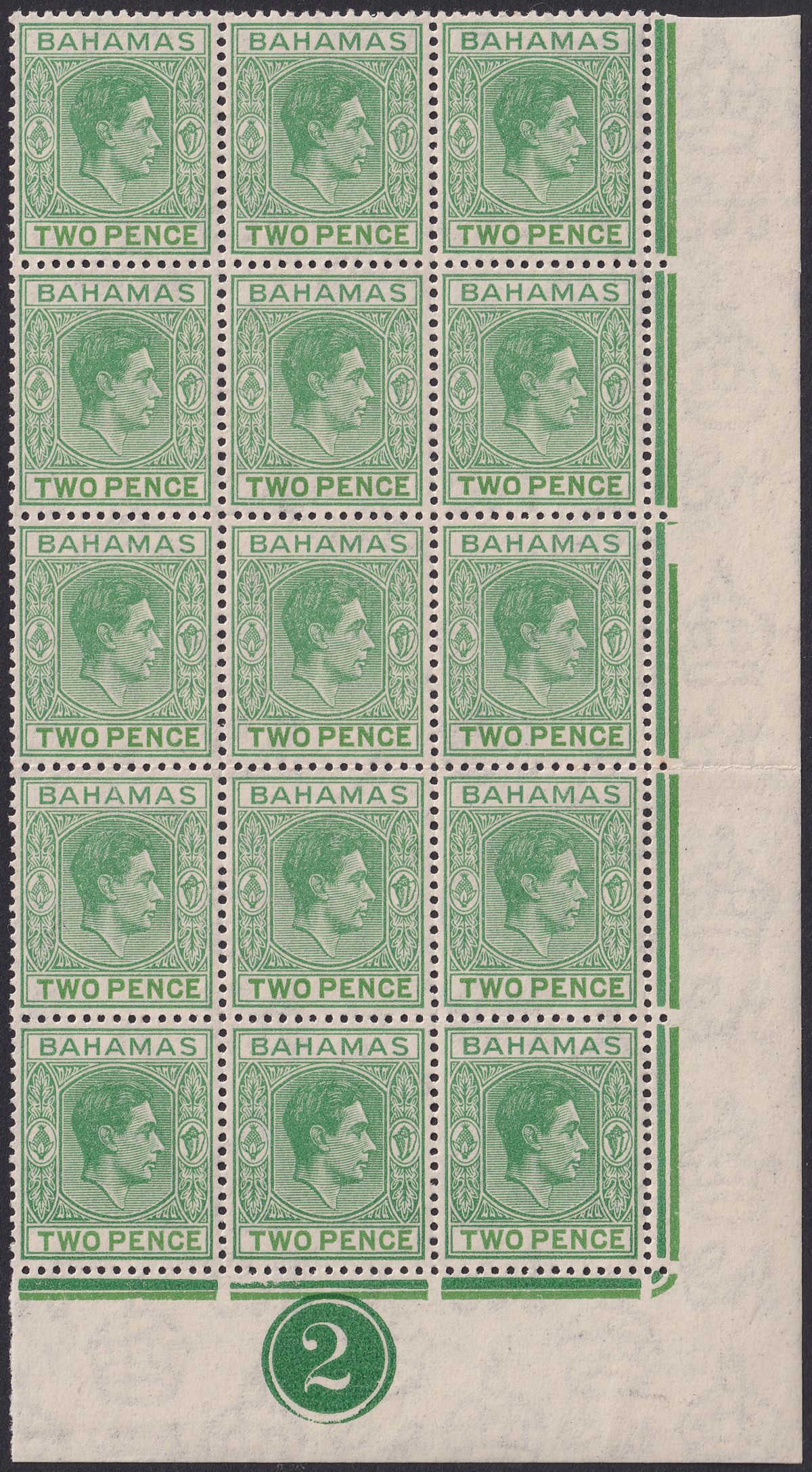 Bahamas 1951 KGVI 2d Green + Yel Grn Plate 2 Block Short T Retouch Mint SG152c