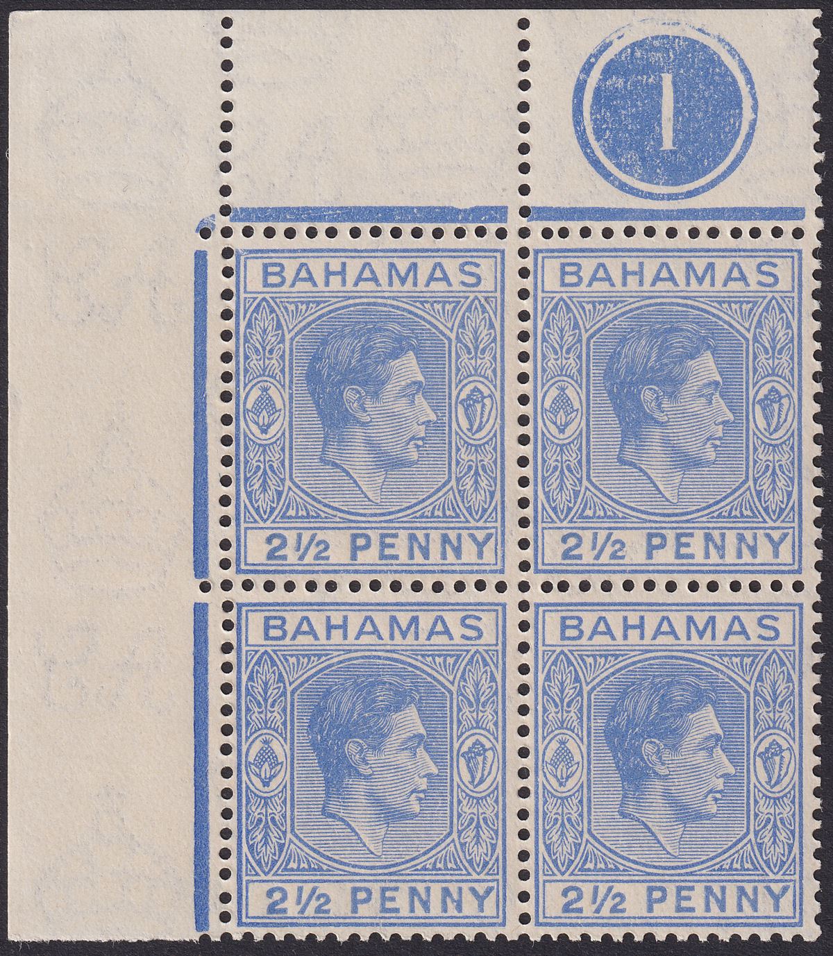 Bahamas 1938 KGVI 2½d Ultramarine Plate 1 Corner Block of 4 Mint SG153