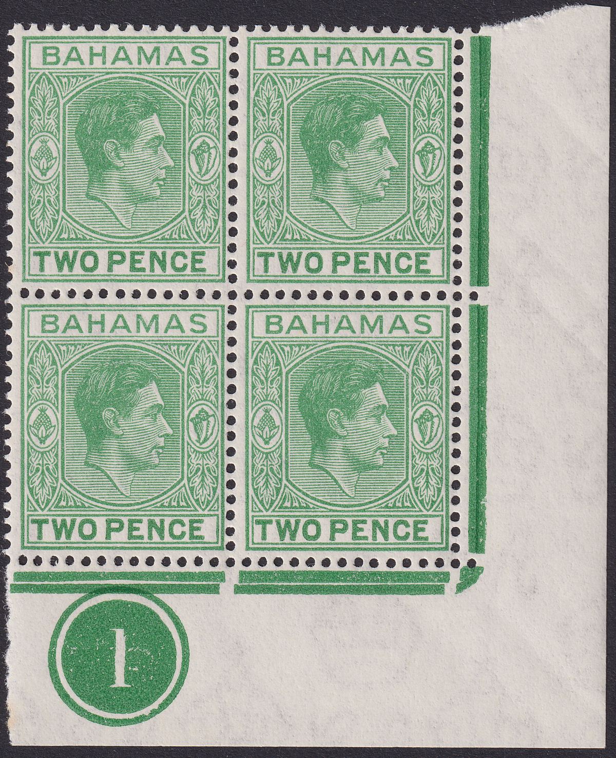 Bahamas 1951 KGVI 2d Green Plate 1 Corner Block Mint SG152c