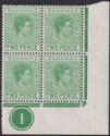 Click for more photos and details Bahamas 1951 KGVI 2d Green Plate 1 Corner Block Mint SG152c