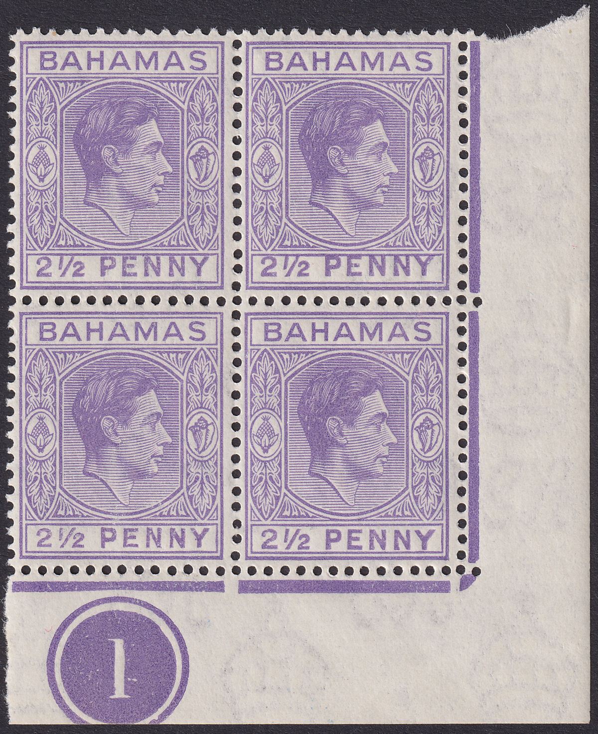 Bahamas 1943 KGVI 2½d Violet Plate 1 Corner Block Mint SG153a