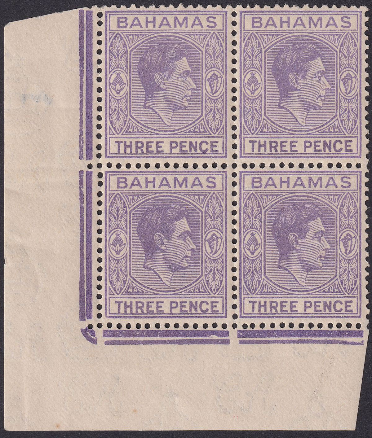 Bahamas 1938 KGVI 3d Violet Lower Corner Block Mint SG154 cat £72