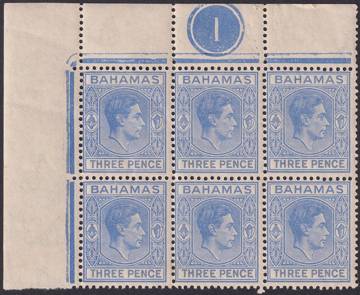 Bahamas 1943 KGVI 3d Blue Plate 1 Corner Block of 6 Mint SG154a