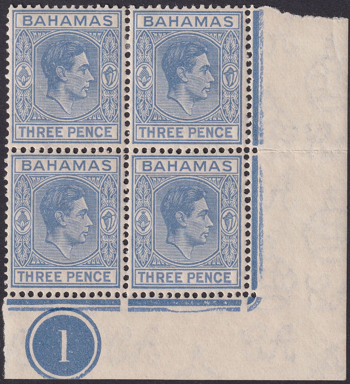Bahamas 1943 KGVI 3d Dull Blue Plate 1 Corner Block Mint SG154a