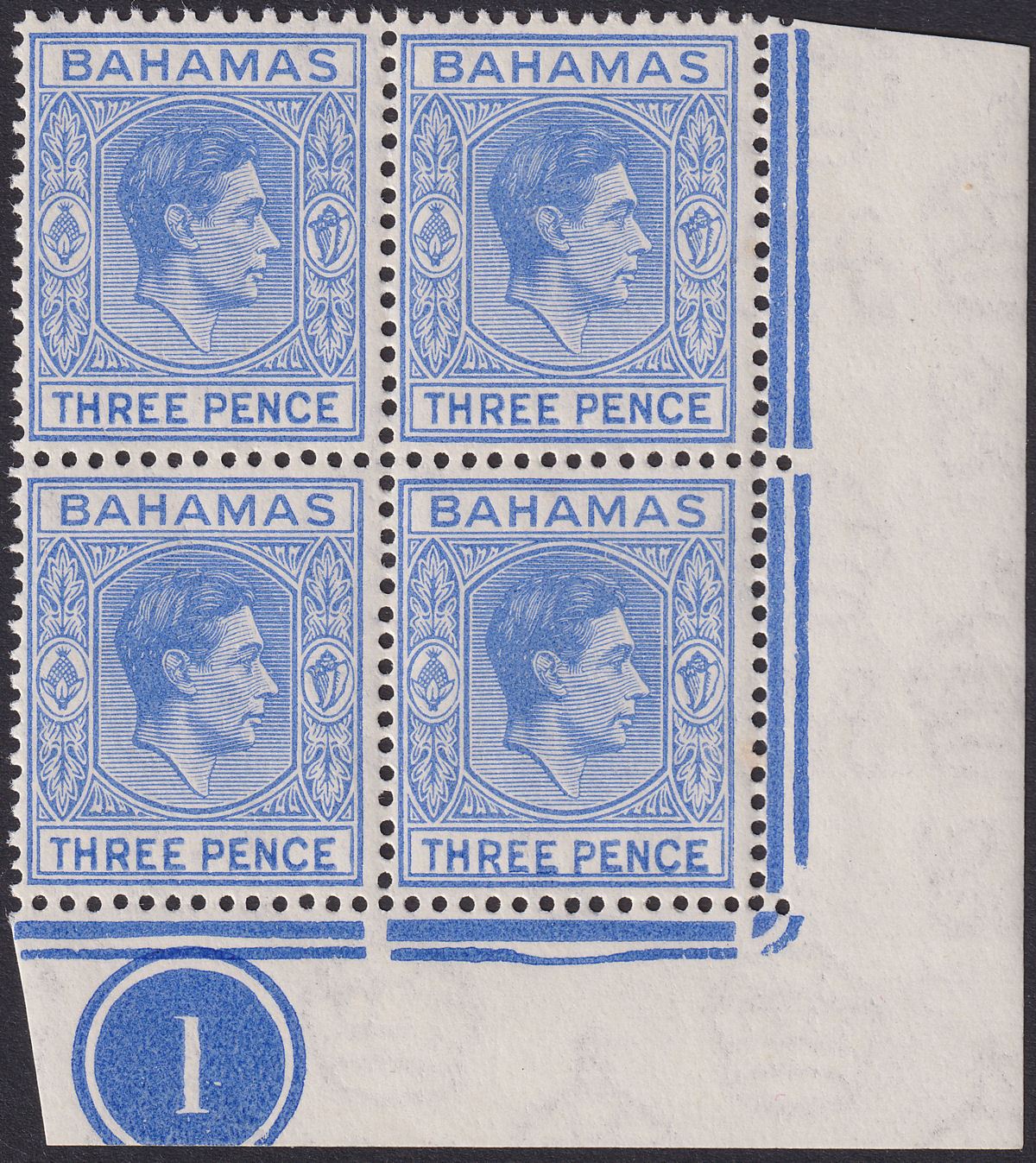 Bahamas 1948 KGVI 3d Bright Ultramarine Plate 1 Corner Block Mint SG154ab
