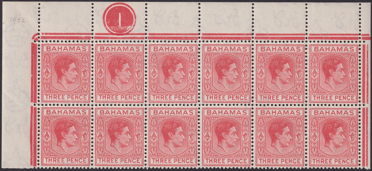 Bahamas 1952 KGVI 3d Scarlet Plate 1 Block of 12 Mint SG154b