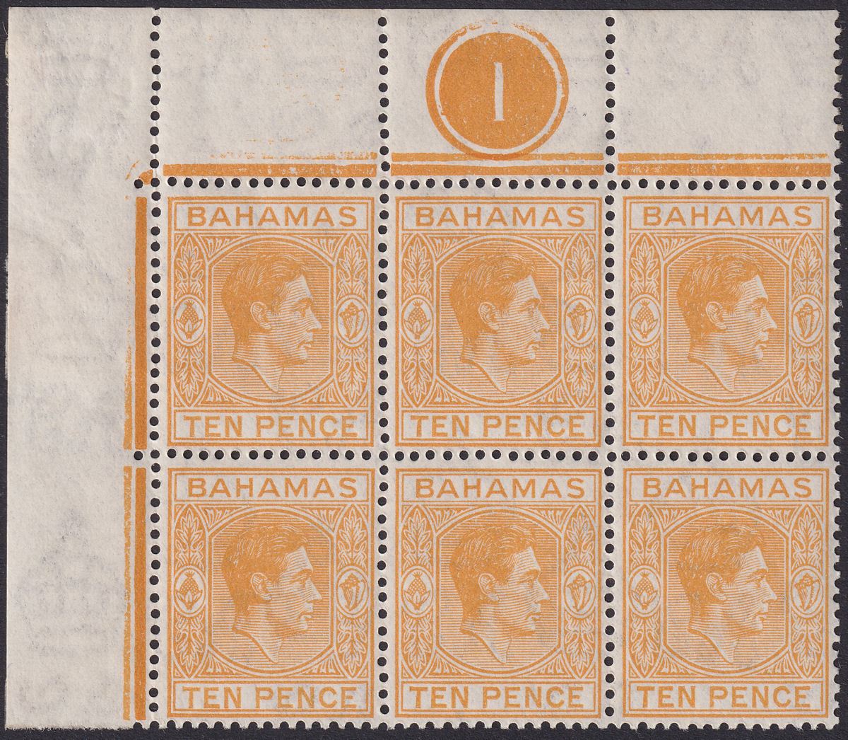 Bahamas 1946 King George VI 10d Yellow-Orange Plate 1 Block of 6 Mint SG154c