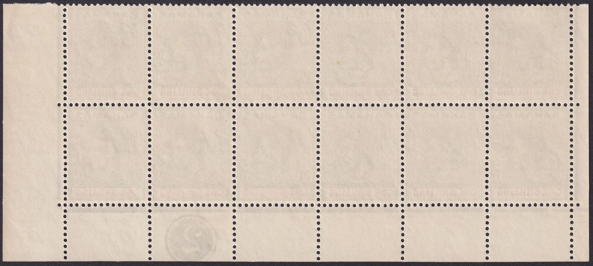 Bahamas 1952 KGVI 1sh P Brownish Grey + Crimson Pl 2 Corner Block 12 Mint SG155d
