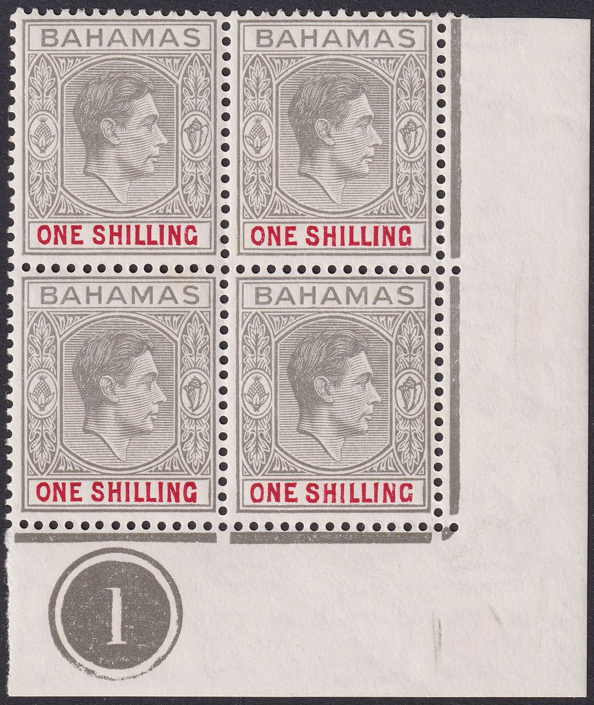 Bahamas 1948 KGVI 1sh Pl Brownish Grey + Crimson Pl 1 Corner Block 4 Mint SG155d