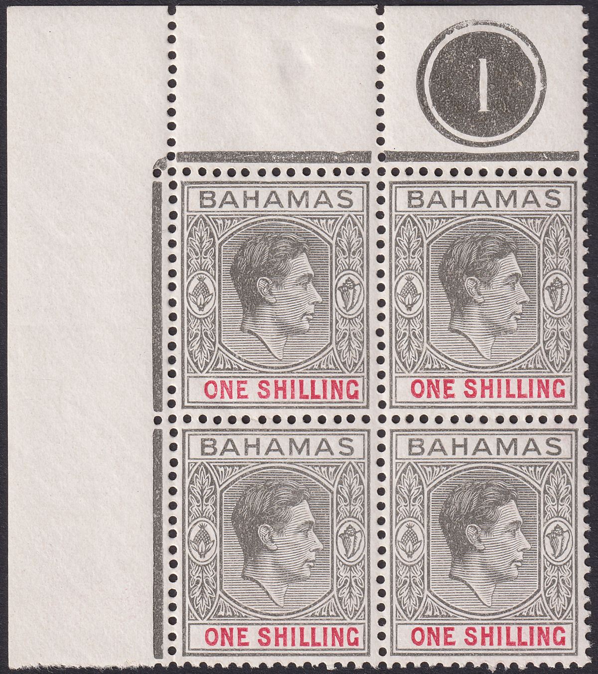 Bahamas 1944 KGVI 1sh Grey-Black + Bright Crimson Plate 1 Block Mint SG155c c£80